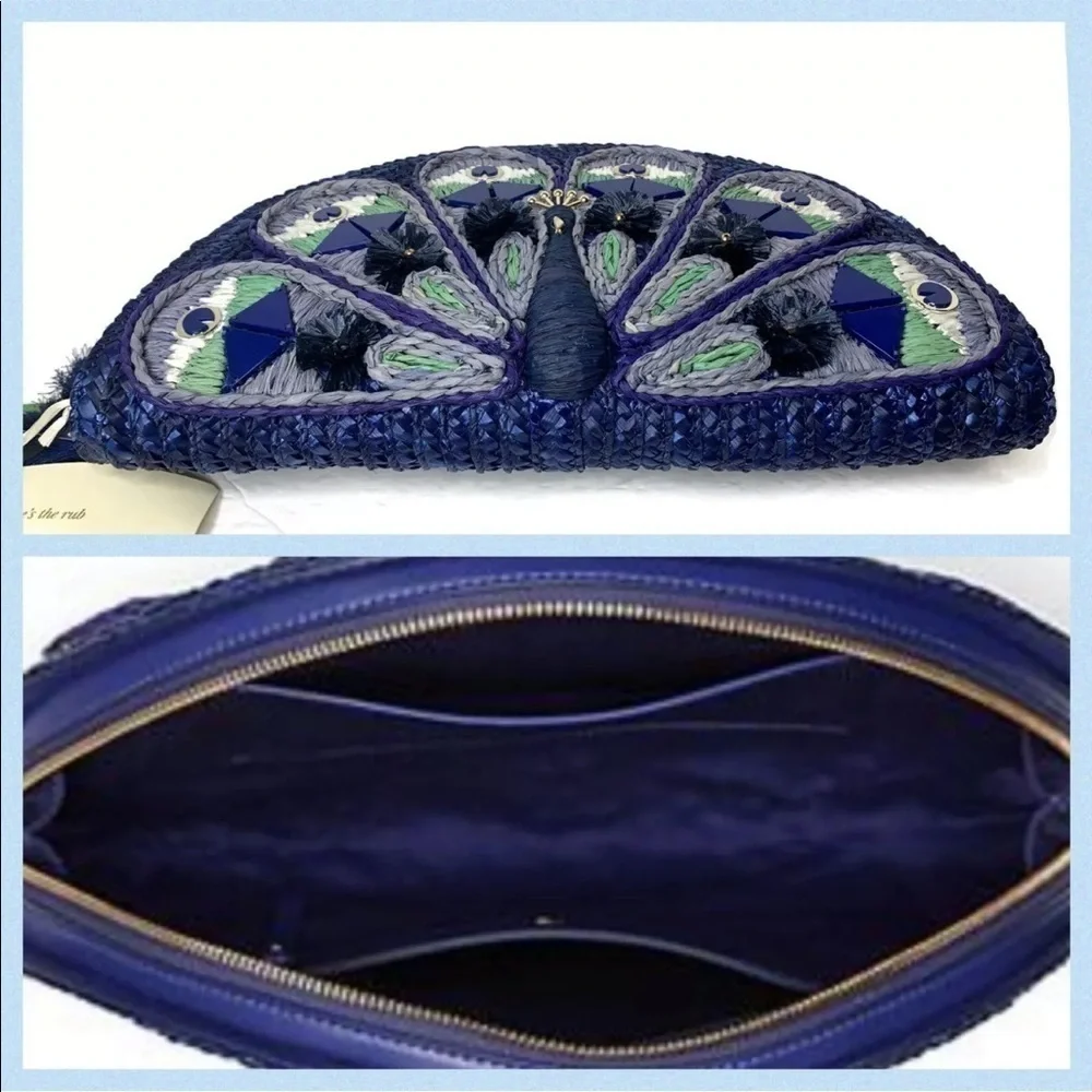 NWT Kate Spade Full Plume Embroidered Straw Peacock Clutch Peacock Wicker Bird
